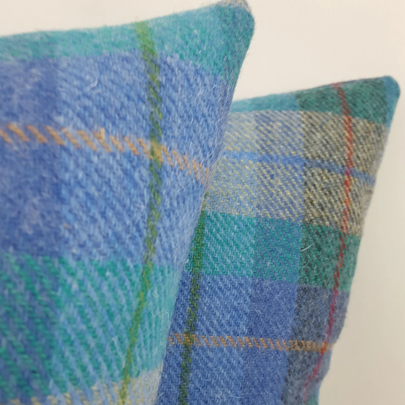 Lucy Wagtail Green, Turquoise & Purple Tartan Harris Tweed Cushion Cover - Image 3