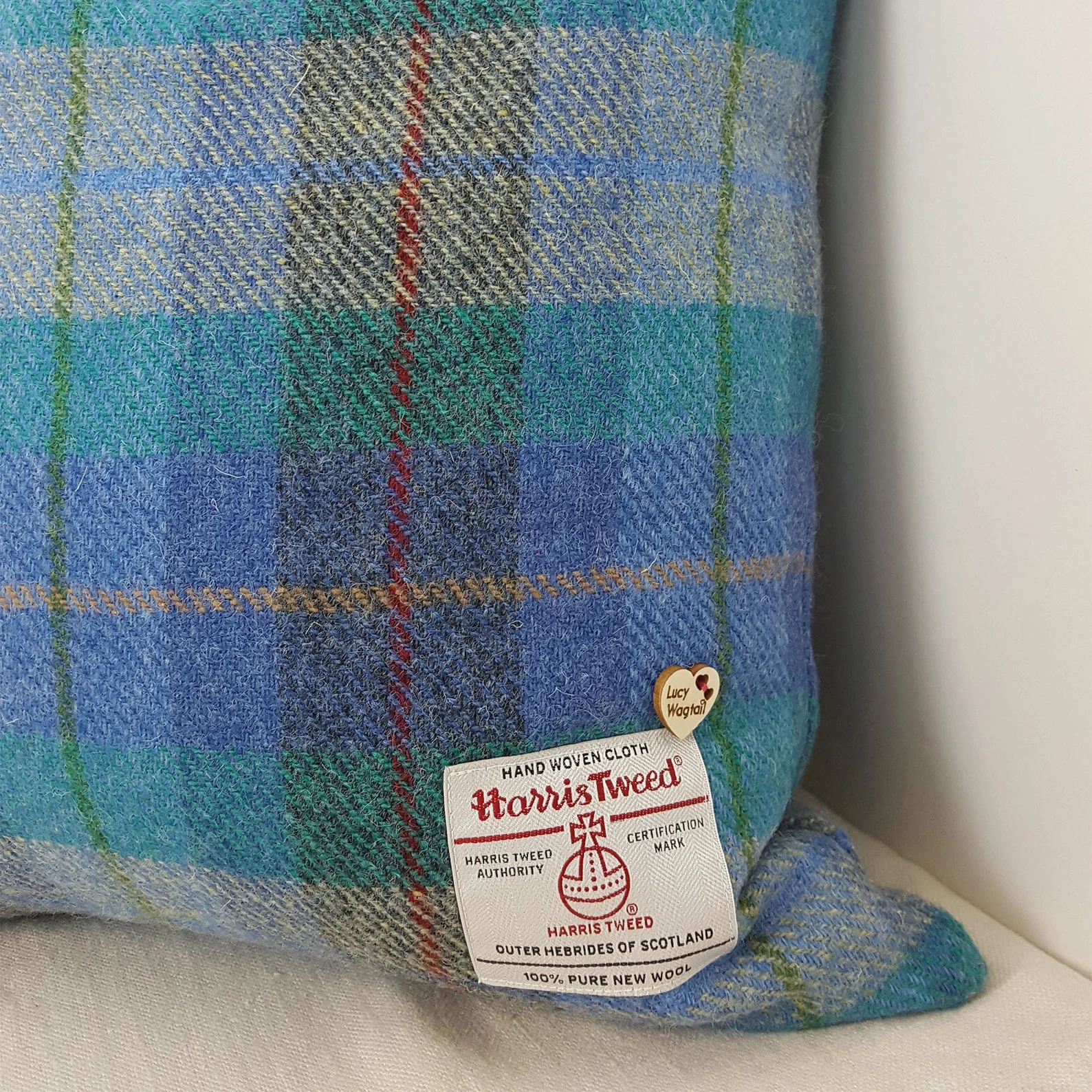 Lucy Wagtail Green, Turquoise & Purple Tartan Harris Tweed Cushion Cover - Image 2