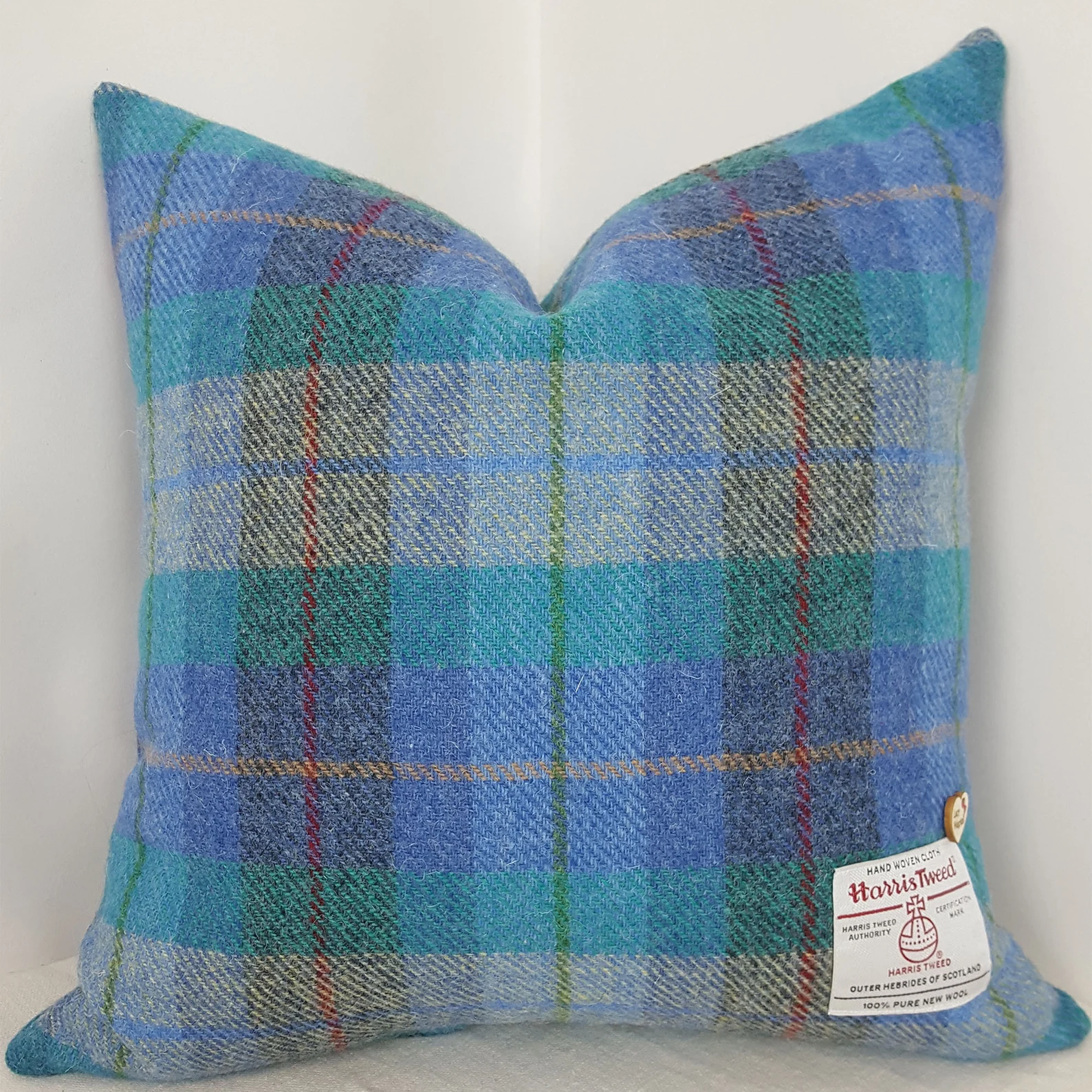 Lucy Wagtail Green, Turquoise & Purple Tartan Harris Tweed Cushion Cover - Image 4
