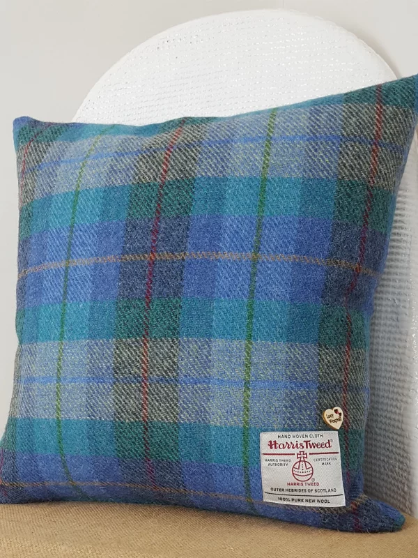 Lucy Wagtail Green, Turquoise & Purple Tartan Harris Tweed Cushion Cover
