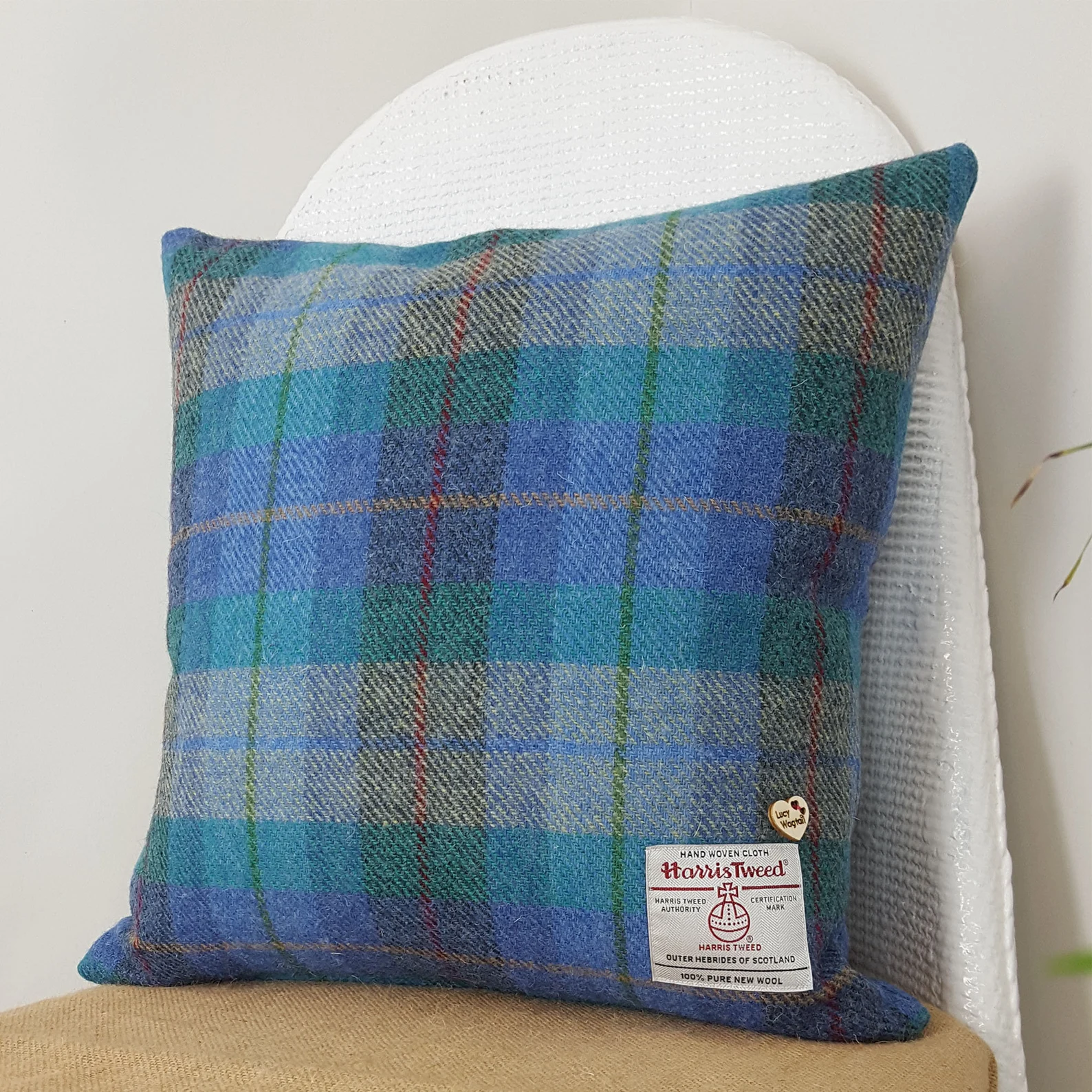 Lucy Wagtail Green, Turquoise & Purple Tartan Harris Tweed Cushion Cover
