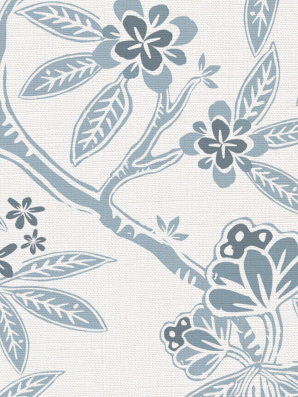 Lucy Wagtail Birds & Bloom Fabric in Blue on a White Background